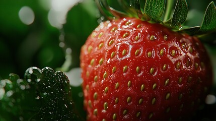 Poster -   A close-up of a strawberry with water droplets on top and a green leaf below