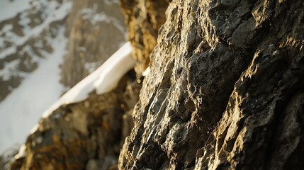 Wall Mural -   A close-up of a rocky face with a snow-covered mountain in the background and a snow-capped peak in the distance