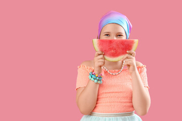 Sticker - Little girl with slice of fresh watermelon on pink background