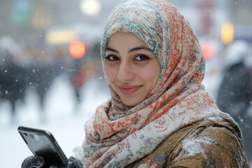 Wall Mural - A woman wearing a scarf and holding a cell phone