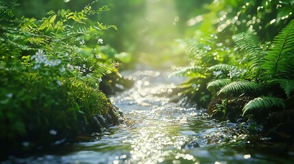 Canvas Print -   A stream meanders through a verdant forest, flanked by towering trees and dense foliage