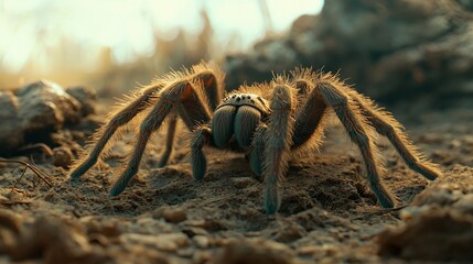 Poster -   A close-up photo of a spider on the ground with dirt nearby and a tree behind it