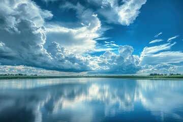 Poster - Beautiful clouds formations hover over tranquil water with sunlight reflections and a storm in the distance