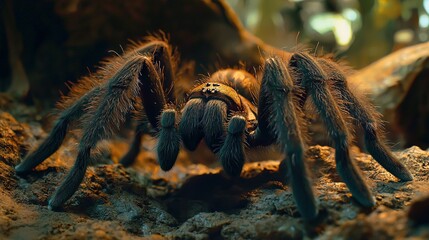 Wall Mural -   A zoomed-in picture of a big spider perched on a boulder amidst an enclosure filled with vegetation and additional stones