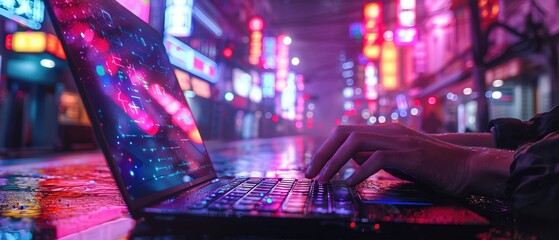 Development of cross-platform websites and mobile apps for laptop, neon vivid color