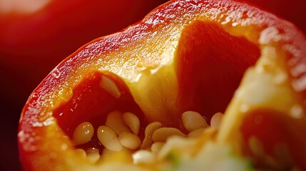 Poster -   Red pepper close-up with seeds inside its shell and a bite taken out