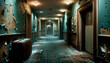 © jechm - Abandoned hotel hallway with peeling paint and dim lighting
