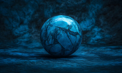 Blue marble sphere on a textured blue background.