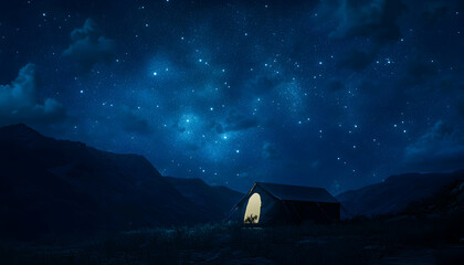 A tent glows softly under a starry sky, nestled in a mountain valley.