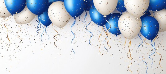 Canvas Print - Happy birthday background with blue and white balloons, golden streamers on a light gray background Happy Birthday background with blue and white balloons, golden confetti Generative AI