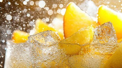 Poster -   A zoomed-in photo of a tall glass filled with sparkling water, adorned with a juicy lemon wedge resting at its edge