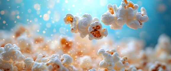 Wall Mural - Close-up of popcorn kernels against a blue background with bokeh.