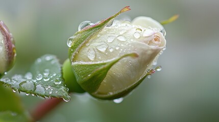 Poster -   Close-up of a flower with water drops on its petals and a green leaf in the foreground