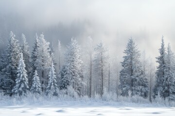 Canvas Print - Spruce trees covered in fresh snow with fog and low cloud obscuring the birch tree forest blanketed in snow in the background with