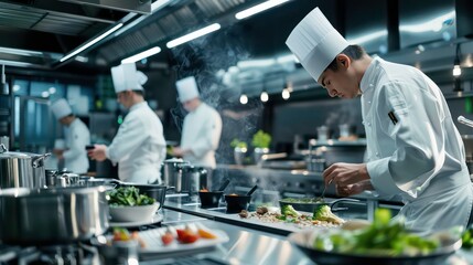 A chef in a white uniform carefully plating a meal in a professional kitchen.