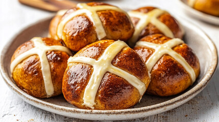 Wall Mural - golden hot cross buns sits on a white table, symbolizing tradition and Easter celebrations. The buns, marked with a cross, convey warmth, comfort, and a sense of togetherness