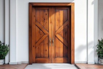 brown wooden doors on white wall background