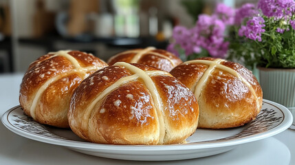 Wall Mural - golden hot cross buns sits on a white table, symbolizing tradition and Easter celebrations. The buns, marked with a cross, convey warmth, comfort, and a sense of togetherness