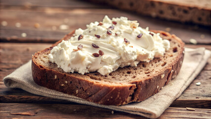 Sandwich, rye bread, curd cheese, Whole grain rye bread with seeds. Healthy low fat cream cheese. Breakfast. Vegetarian