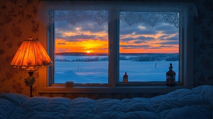 Sticker -   A cozy bedroom featuring a spacious window displaying a mesmerizing snow-covered field view, illuminated by a bedside lamp