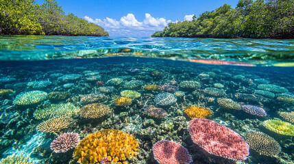 underwater view of a mangrove forest, with empty, clear waters showcasing the unique root structures. The tranquil scene evokes a sense of mystery and untouched natural beauty