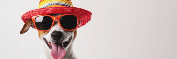 A joyful dog wearing a bright summer hat and large sunglasses looks playfully at the camera, exuding a light-hearted and cheerful vibe, perfect for a warm weather theme