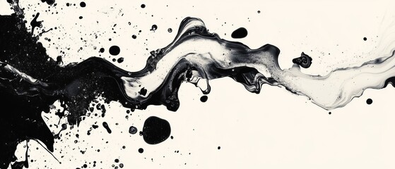 Poster - A black and white painting of a wave with splatters of paint