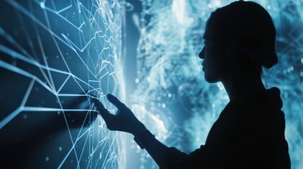 Wall Mural - Woman Interacting With a Futuristic Interactive Screen