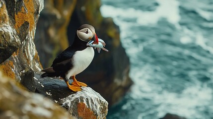 Poster -   Bird perched on rock beside water with fish in beak