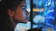 © Eva - In a dimly lit tech space, a girl with expressive features intensely analyzes glowing code on multiple monitors