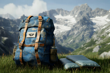 A blue backpack with a sleeping mat in front of it on grass with a mountain range in the background.