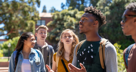 freshmen students exploring campus on guided tour, sunshine and learning for new pupils