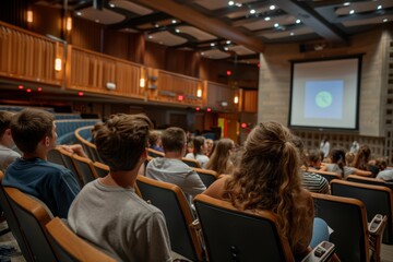 Focused Freshmen Students in Modern Lecture Hall During TED-style Talk on Innovative Ideas