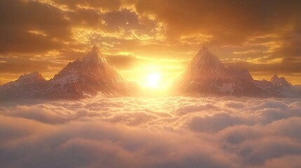   Sunset over mountain range amidst sea of clouds with distant mountains