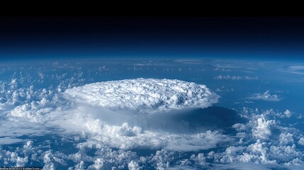 Poster -   A massive white cloud dominates the blue sky, surrounded by a cluster of smaller clouds below it