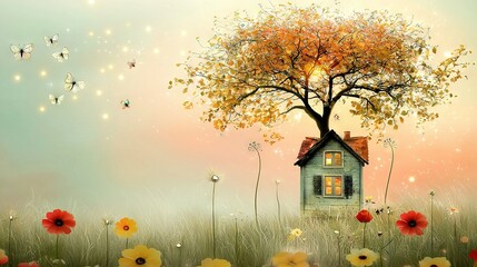 Poster -   A house amidst a field of flowers, with a tree at its center