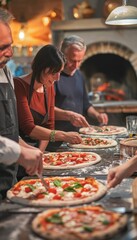 Wall Mural - Middle Aged Friends Enjoying a Gourmet Pizza Cooking Class with Fresh Ingredients and Stone Oven Baking