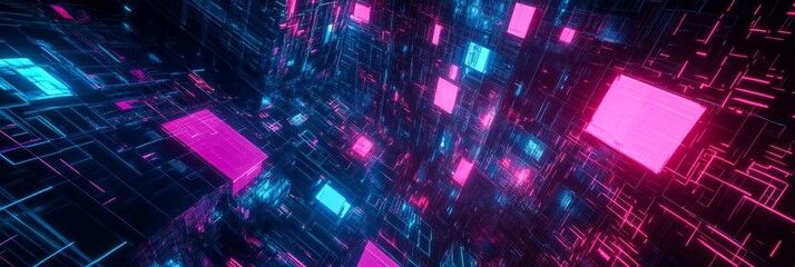 A dynamic fusion of AI-generated structures in a digital dreamscape features vibrant neon colors