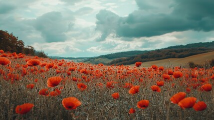 Sticker -  A cloudy sky above a field full of vibrant red flowers, with a single figure positioned in the center