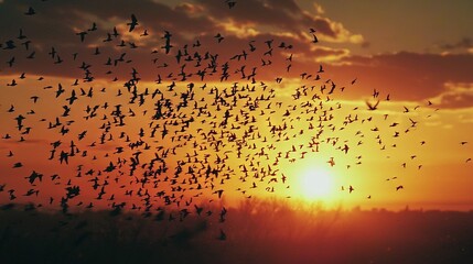 Sticker -   A flock of birds flies in front of the sunset and a flock of birds flies in front of the sun