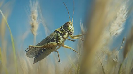 Wall Mural -   A grasshopper in tall grass under a blue sky