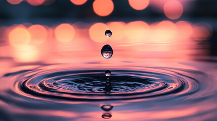 Poster - single water droplet creating ripples on a calm water surface, symbolizing tranquility, purity, and the ripple effect of a single action or thought