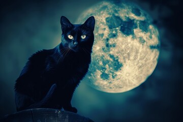 Mystical black cat silhouetted against full moon in enchanting night sky