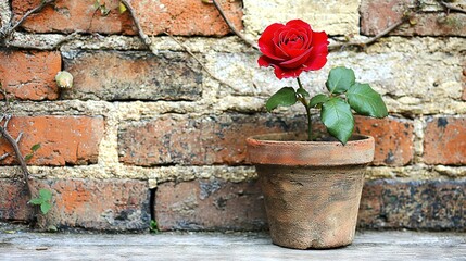 Poster -   A lone red rose in a clay container rests atop a wooden desk, positioned against a brick backdrop