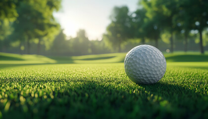 Wall Mural - A golf ball rests on a green, grassy fairway, surrounded by trees and a blurry background.