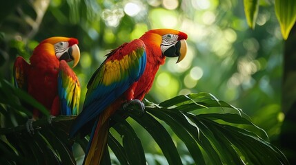 Wall Mural -   Two colorful parrots atop a green leafy branch in a sunlit forest