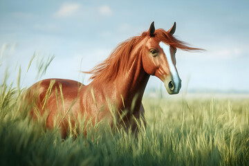 Wall Mural - A beautiful chestnut horse stands in a field of tall green grass.