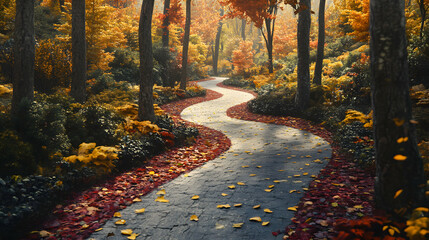 Sticker - A winding path through a forest in autumn with vibrant orange and yellow leaves.