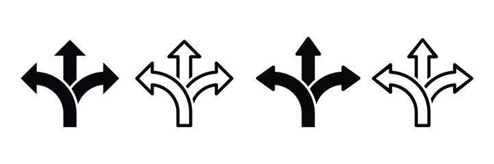 Set of Three way directional icon collection. Road, direction, branching arrow symbol. Vector Illustration.