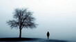 © iri.madrid.art - Silhouette of lonely girl in fog next to tree without leaves. Back view. Seasonal depression Awareness Month. Horizontal banner. Free space for text. Seasonal affective disorder (SAD)